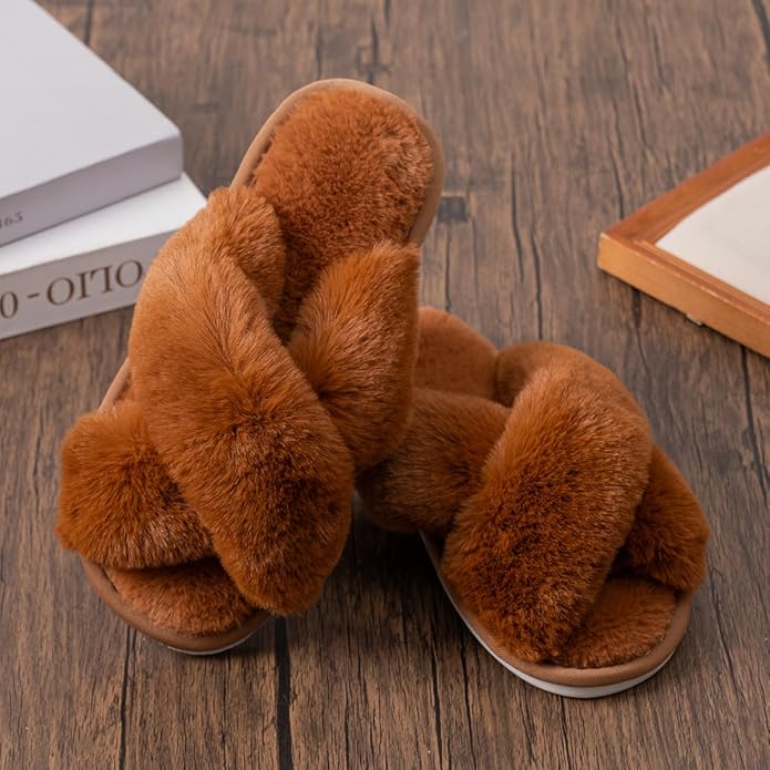 Women's Slipper Memory Foam Cross Band Fuzzy Slippers Open Toe Cozy House Slippers Cozy Plush Bedroom Indoor Outdoor