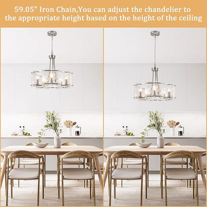 Modern Textured Glass Chandelier for Dining Room, 5-Light Brushed Nickel Crystal Chandeliers Light Fixture, Drum Round Rustic Farmhouse Chandelier for Kitchen Island Bedroom Living room Foyer，E12