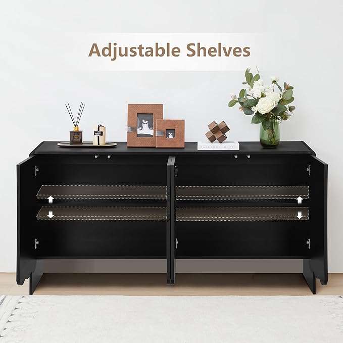 ORRD Sideboard Buffet Cabinet, Accent Storage Cabinets with 4 Doors, Farmhouse Wood Cabinet with Adjustable Shelves and Wave Panel for Living Room, Dining Room, Entry - Black