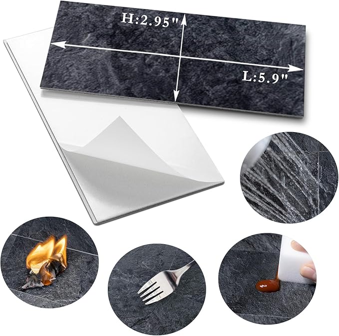 AULIGET 4 Piece Black Slate Peel and Stick Backsplash Wall Tiles, 3" x 6" PVC Faux Stone Stick on Tiles for Backsplash Kitchen, Bathroom, Laundry Room, Camper, Fireplace