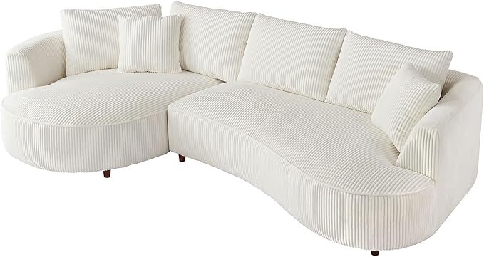 WILLIAMSPACE 122" Modern Curved Sofa Couch, Upholstery Oversized Cloud Sofa with Chaise & Pillows, Left Hand Facing Sectional Couch for Living Room (Left-Facing,White Corduroy)