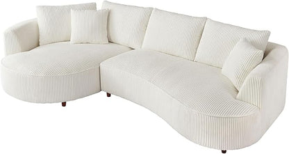 WILLIAMSPACE 122" Modern Curved Sofa Couch, Upholstery Oversized Cloud Sofa with Chaise & Pillows, Left Hand Facing Sectional Couch for Living Room (Left-Facing,White Corduroy)
