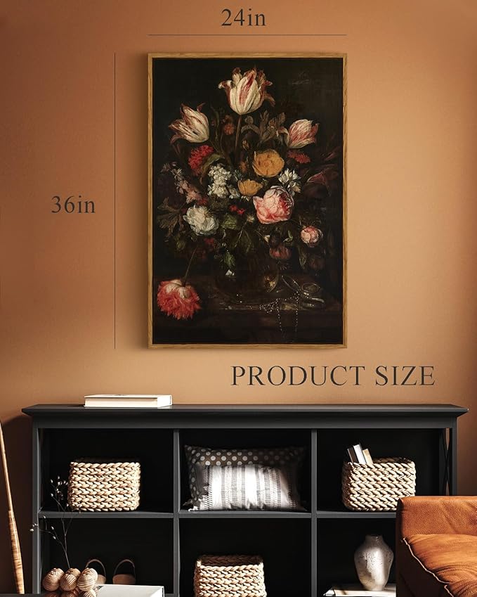 ARPEOTCY Large Framed Canvas Wall Art, Dark Roses Pictures Decor, 24x36Inch, Bathroom Bedroom Kitchen Vintage Floral Decor, Moody Farmhouse French Country Art