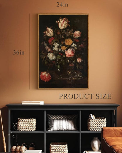 ARPEOTCY Large Framed Canvas Wall Art, Dark Roses Pictures Decor, 24x36Inch, Bathroom Bedroom Kitchen Vintage Floral Decor, Moody Farmhouse French Country Art