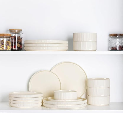 TheTerra Ceramic Dinnerware Sets for 6, 18 Pieces Porcelain Lightweight Plates and Bowls Sets, Scratch Resistant Dish Set, Oven & Microwave & Dishwasher Safe, Beige