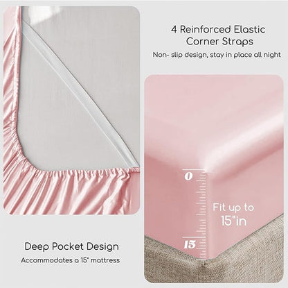MR&HM Satin Bed Sheets, Twin XL Size Sheets Set, 3 Pcs Silky Bedding Set with 15 Inches Deep Pocket for Mattress (Twin XL, Light Pink)