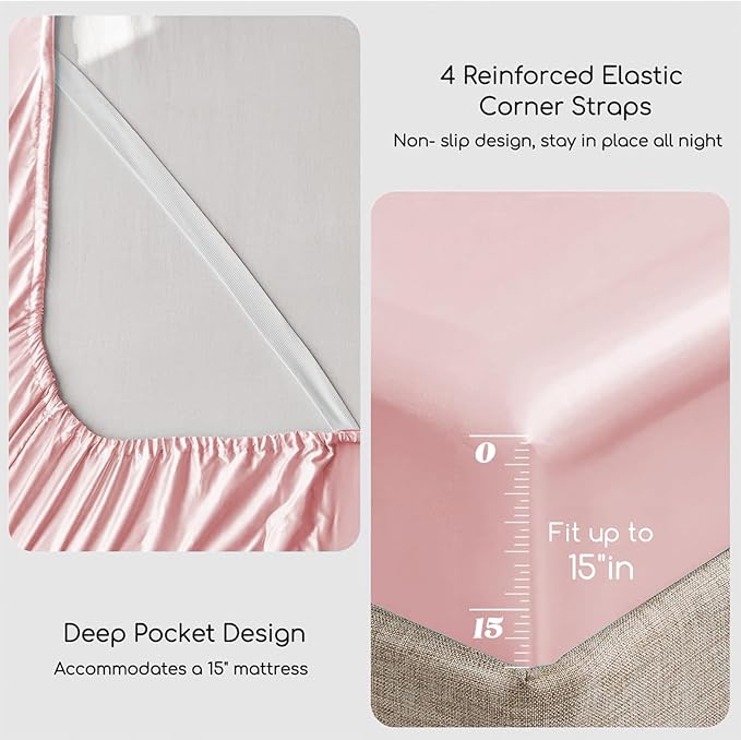 MR&HM Satin Bed Sheets, King Size Sheets Set, 4 Pcs Silky Bedding Set with 15 Inches Deep Pocket for Mattress (King, Light Pink)