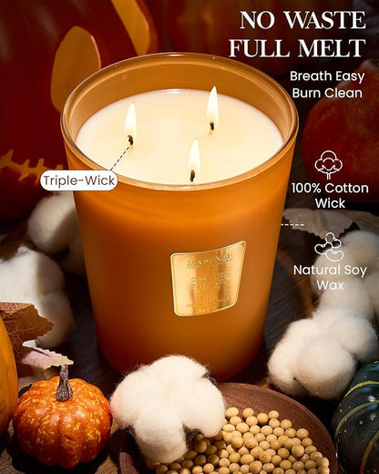 M&SENSE Large Candles Caramel Pumpkin Latte Scented, 3 Wick Natural Soy Candles for Home Scented, 150H Long Lasting Slow Burn Jar 35oz, Home Fragrance Halloween Thanksgiving Christmas Gifts
