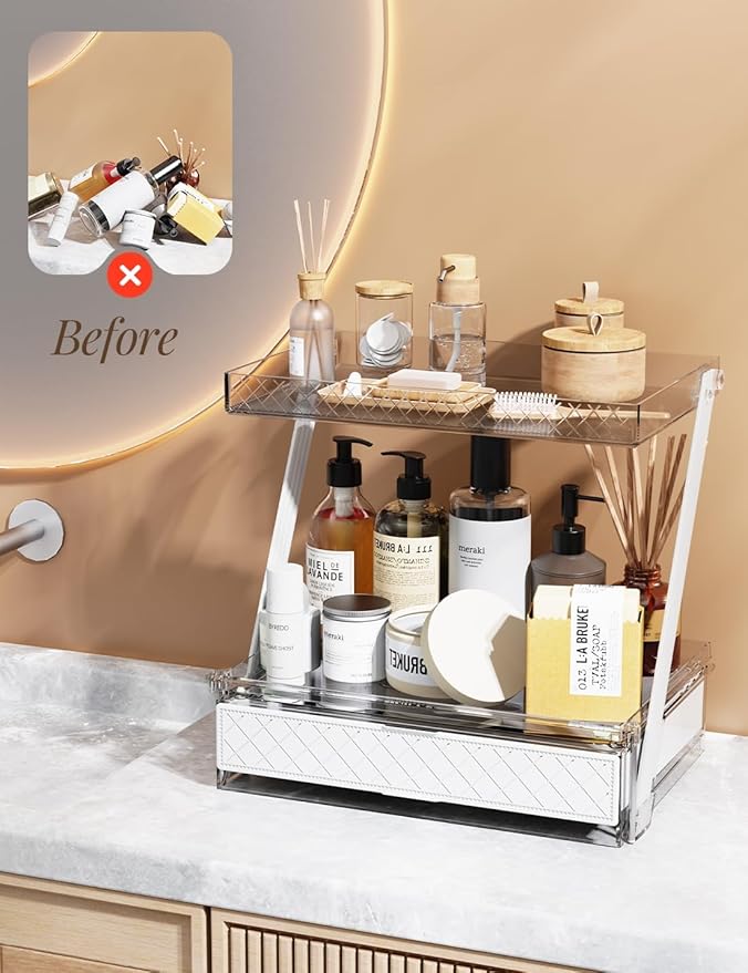 Z-Shaped Bathroom Countertop Organizer – 2-Tier Vanity Organizer with Sliding Tray & Drawer for Skincare, Makeup & Perfume – Acrylic Storage for Dresser, Office or Desk