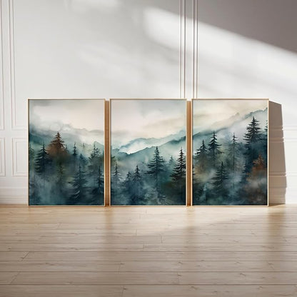 Foggy Forest Wall Art Prints Watercolor Mountain Canvas Wall Decor Landscape Nature Poster Wall Art Abstract Tree Pictures Artwork Modern Painting for Living Room Bedroom 24x36 Inch Unframed Set of 3