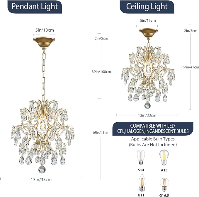 Bestier Gold Modern Pendant Chandelier Crystal Raindrop Lighting Ceiling Light Fixture Lamp for Dining Room Bathroom Bedroom Livingroom entryway 1 E26 Bulbs Required D13 in x H16 in