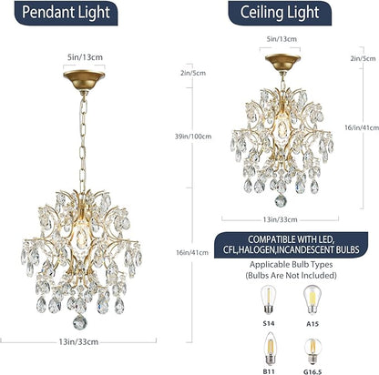 Bestier Gold Modern Pendant Chandelier Crystal Raindrop Lighting Ceiling Light Fixture Lamp for Dining Room Bathroom Bedroom Livingroom entryway 1 E26 Bulbs Required D13 in x H16 in
