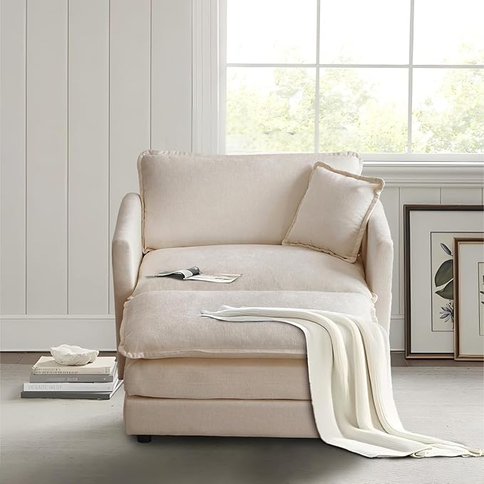 SoarFlash Chenille Sectional Sofa, Comfy Modular Single Sofa with Ottoman, Modern Recliner Deep Seat Sofa Set for Living Room,Light Coffee