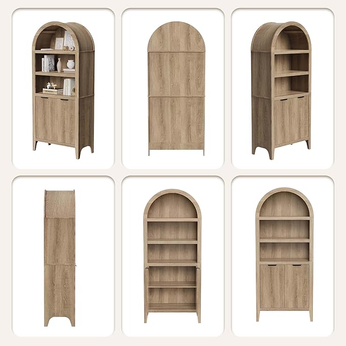 blini Arched Cabinet Bookshelf Oak Arch Bookcase with Doors, Wooden Curved Book Case 5-Tier Tall Round Top Bookshelves for Living Room