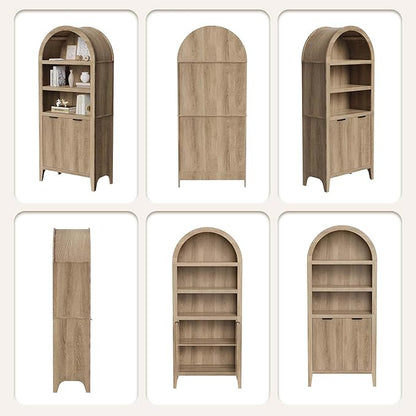 blini Arched Cabinet Bookshelf Oak Arch Bookcase with Doors, Wooden Curved Book Case 5-Tier Tall Round Top Bookshelves for Living Room