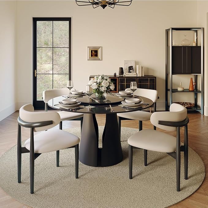 POVISON Round Dining Table for 4, Modern Dining Table 47" with 23" Lazy Susan, Glossy Black Sintered Stone Dining Tabletop with Black Carbon Steel Pedestal (Dining Room Table Only)