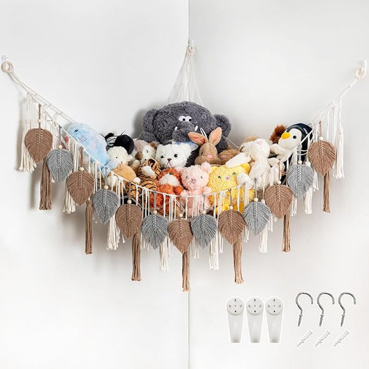 Pretty Jolly Stuffed Animal Storage with Hand Woven Leaf Tassels Hammock Corner Hanging Net Boho Macrame Plush Storage for Kid Room Nursery Decor Wall Display for Girls Gift(Gray&Coffee)