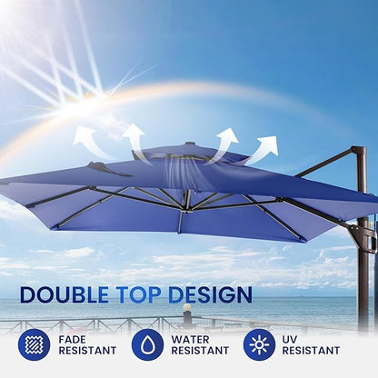10 X 13 FT Cantilever Patio Umbrella Outdoor Heavy Duty Double Top Windproof Rectangle Offset Umbrellas with 360-degree Rotation for Pool Deck Backyard, Navy