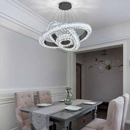 23.6" 3 Ring Crystal Chandelier Modern LED Dimmable Ring Pendant Light Round Chandelier for Dining Room Living Room Black