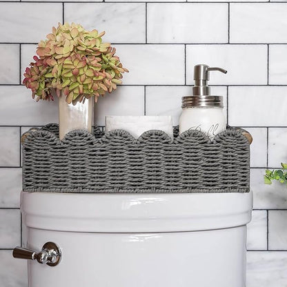 CubesLand Scalloped Edge Toilet Paper Storage Basket, Living Room Home Cozy Decor Basket, Paper Rope Small Baskets for Over Toilet Storage Shelf, Shelves, with 2 Wooden Handles, Grey