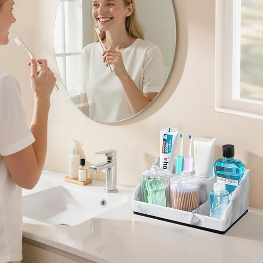 Marble Bathroom Countertop Organizer, Toothbrush Holders for Bathroom with 2PCS Qtip Holder Dispenser and Toothpaste Holder Drainage for Bathroom Accessories Organization Counter Vanity Storage