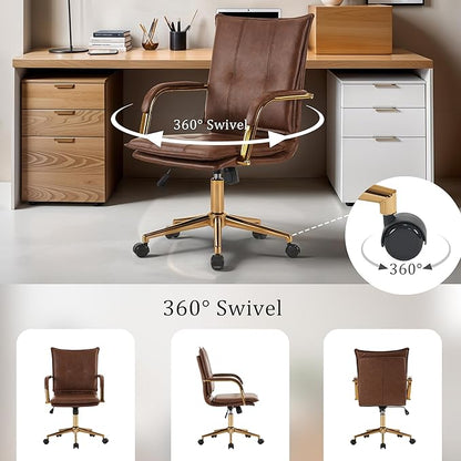 MOJAY Mid-Back Ergonomic Leather Desk Chair, Modern Upholstered Computer Chair, Executive Office Chair with Arms, Swivel Adjustable Rolling Chair with Gold Base (Brown)