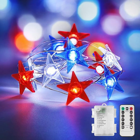 suddus 4th of July Decorations Red White and Blue String Lights Battery Operated 40 Led Star Fairy Lights for Independence Day Memorial Day