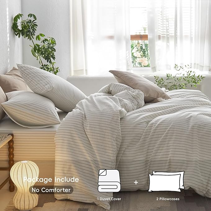 MooMee Striped Duvet Cover Set 100% Washed Cotton Linen Like Textured Breathable Durable Soft Comfy (White Sage Green Wide Stripes, Super King Plus 120"x120")