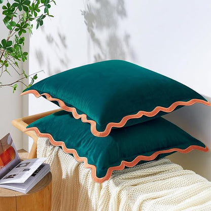 MONDAY MOOSE Decorative Throw Pillow Covers Cushion Cases, Set of 2 Soft Velvet Scalloped Wavy Edge Designs, Mix and Match for Home Decor, Pillow Inserts Not Included (Coral/Dark Teal, 20x20 inch)