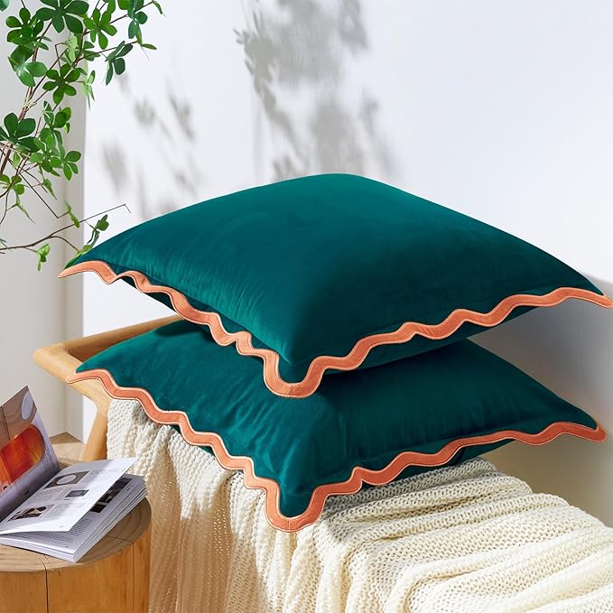 MONDAY MOOSE Decorative Throw Pillow Covers Cushion Cases, Set of 2 Soft Velvet Scalloped Wavy Edge Designs, Mix and Match for Home Decor, Pillow Inserts Not Included (Coral/Dark Teal, 22x22 inch)