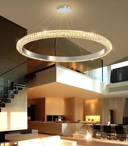 40" 1 Ring Crystal Chandelier Modern LED Dimmable Ring Pendant Light Chandelier for Dining Room Living Room Silver