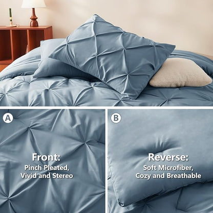 CozyLux Queen Comforter Set Mineral Blue, 7 Pieces Pintuck Bed in A Bag, Premium Blue Comforter Queen Size, Pinch Pleat Bedding Sets with Comforter, Flat Sheet, Fitted Sheet, Pillowcases & Shams