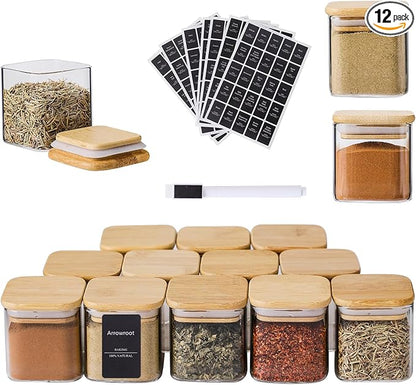 12Pcs 4oz Spice Jars with 275 Labels, Small Seasoning Glass Container Empty Organizer with Bamboo Lid Set for Pepper, Salt, Sugar