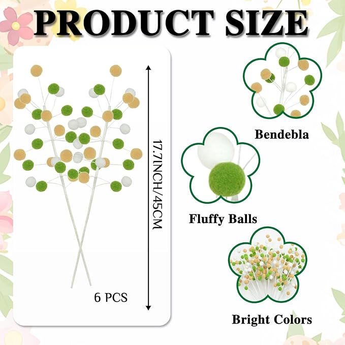 6 Pcs Green Khaki Pom Poms Christmas Decorations & Felt Christmas Picks and Sprays DIY Xmas Tree Toppers, Festive Tree Filler & Decor (KhakiGreen)