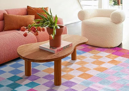 Multicolored Checkerboard Washable Rug 5x7 Ultra Thin Retro Funky Aesthetic Cute Area Rugs for Living Dining Room Bedroom Kitchen Office Entryway Dorm, Colorful Checkered Modern Geometric Carpet