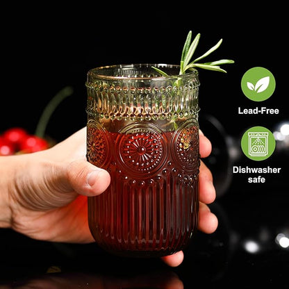 Green Drinking Glasses Set of 12, 14 Oz Highball & 10 Oz Cocktail Glasses, Green Kitchen Vintage Glassware Set, Floral Embossed Glass Tumbler Cups for Juice, Beer, Water, Whiskey, Coffee