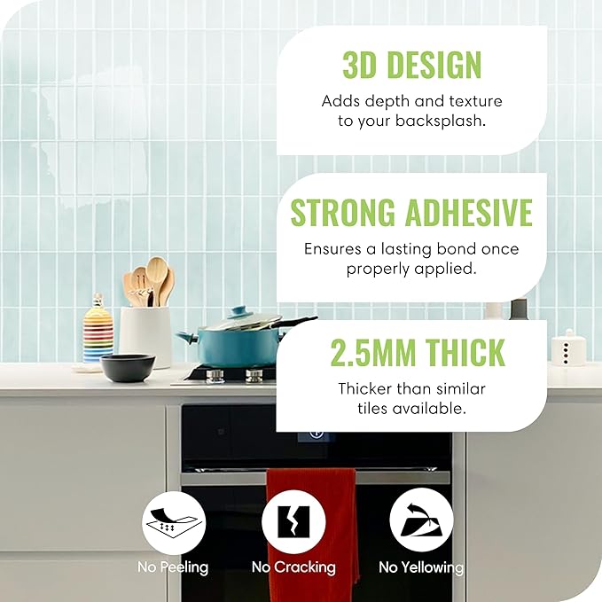 5 Pack Peel and Stick Backsplash Subway Tiles, Extra Thick 3D Wall Panels, Heat & Water Resistant, Easy DIY Kitchen, Bathroom, Laundry, Fireplace & Rental Home Wall Décor (12 x 12 in), Mint