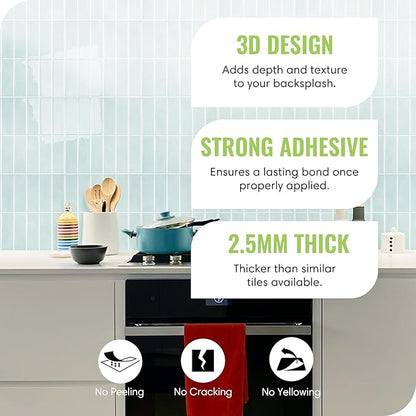 5 Pack Peel and Stick Backsplash Subway Tiles, Extra Thick 3D Wall Panels, Heat & Water Resistant, Easy DIY Kitchen, Bathroom, Laundry, Fireplace & Rental Home Wall Décor (12 x 12 in), Mint