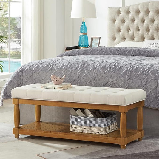 24KF Large Rectangular Upholstered Tufted Bed Bench, Linen Fabric Storage Ottoman Bench for Living Room, Padded Entryway Bench with Solid Wood Shelf,5098-Ivory