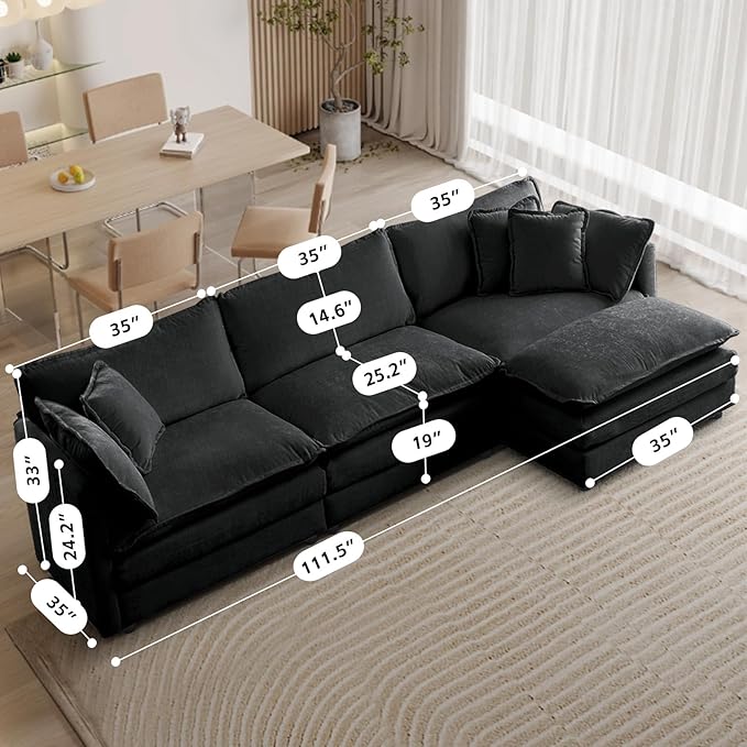 SoarFlash Chenille Sectional Sofa, Comfy L Shaped Modular Coush Sofa with Ottoman, Modern 3 Seat Couch Deep Seat Sofa Set for Living Room,Grey