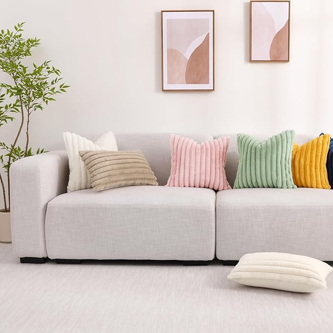 decorUhome Faux Fur Christmas Throw Pillow Covers 22x22 Set of 2, Decorative Soft Plush Striped Neutral Euro Pillow Covers with Velvet Back for Bed, Living Room Home Decor, Sage Green