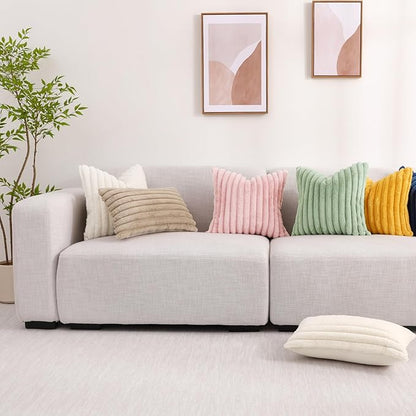 decorUhome Faux Fur Christmas Throw Pillow Covers 22x22 Set of 2, Decorative Soft Plush Striped Neutral Euro Pillow Covers with Velvet Back for Bed, Living Room Home Decor, Sage Green