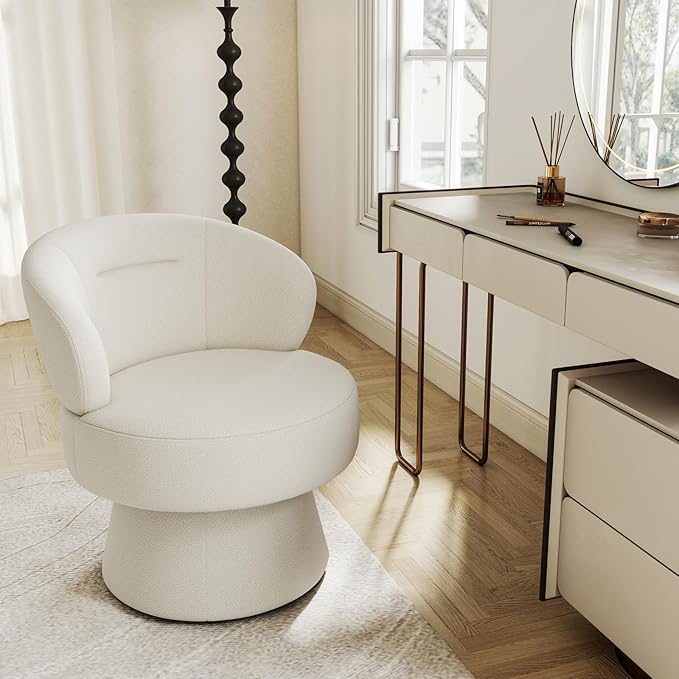 360° Swivel Accent Chairs, Modern Chenille Upholstered Boucle Dining Chair with Back, Vanity Chair Accent Armchair Side Chairs for Dining/Living Room, Bedroom, White