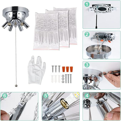 HMVPL Crystal Flush Mount Ceiling Light Fixture with Pull Chain On/Off Switch, LED Close to Ceiling Lamp, Pull Chain Light Fixture Ceiling Mount, Modern Crystal Chandelier for Kitchen Bedroom Entryway