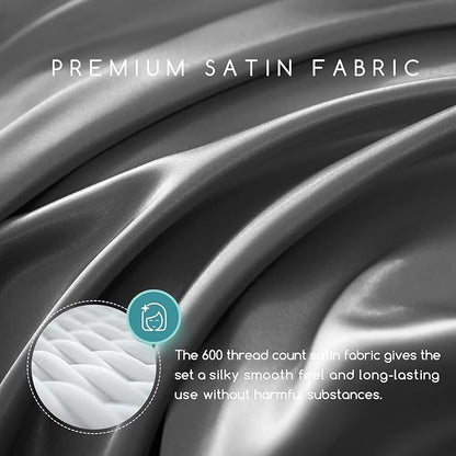 MR&HM Satin Bed Sheets, Queen Size Sheets Set, 4 Pcs Silky Bedding Set with 15 Inches Deep Pocket for Mattress (Queen, Dark Grey)