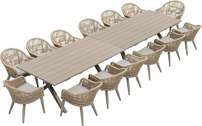 PURPLE LEAF 16 Pieces Patio Dining Set with Aluminium Outdoor Dining Table and Wicker Chairs Modern Furniture Cushions Sets for Backyard Decor Indoor Kitchen Champagne