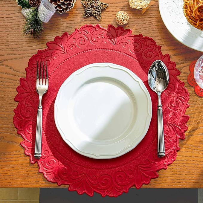 Noctiflorous Round Faux Leather 15 Inch Placemats Set of 4 Waterproof Wipeable Heat Resistant Tablemat for Dining Table Kitchen Non Slip Washable Oilproof Table Place Mat(Holly Red, 4)