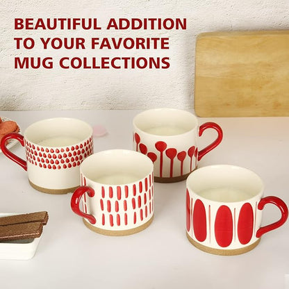Koja Hand Painted 15 oz. Porcelain Ceramic Mugs Set. Service for 4. (Hand Painted - Red)