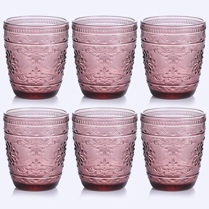 Purple Glassware set of 6, 10OZ Drinking Glasses, Purple Heavy Duty Glass Cups, Colored Glassware Set, Embossed Glasses Set for Party Wedding Home Office Gift