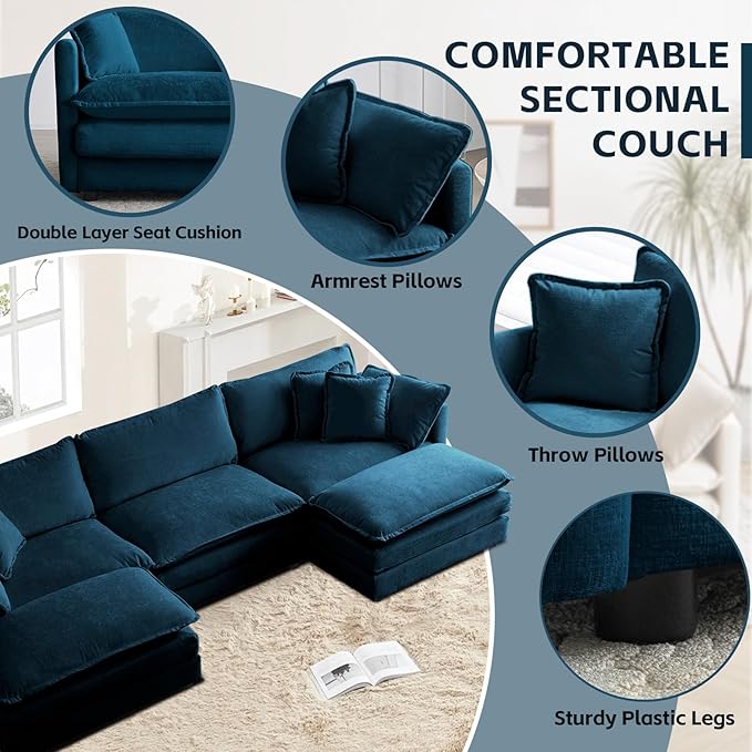 SoarFlash Chenille Sectional Sofa, Comfy L Shaped Modular Coush Sofa with Ottoman, Modern 3 Seat Couch Deep Seat Sofa Set for Living Room,Deep Blue